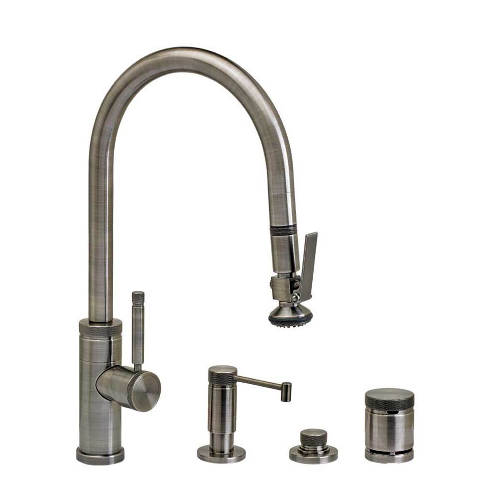Waterstone - Waterstone Industrial PLP Pulldown Faucet - Lever Sprayer - Angled Spout - 4pc. Suite - Unlacquered Polished Brass
