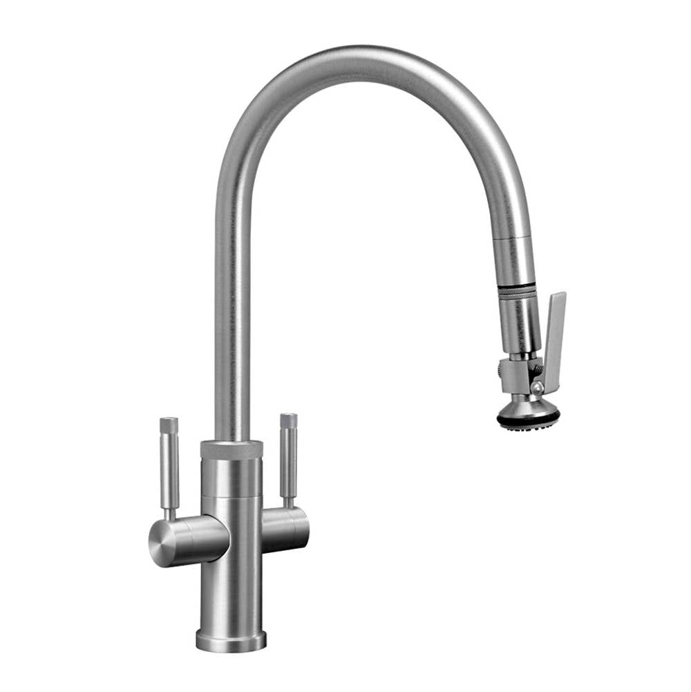 Waterstone - Industrial 2 Handle Pull-Down Kitchen Faucet, Lever Spray, Angled Spout, Lever Handle - Unlacquered Polished Brass