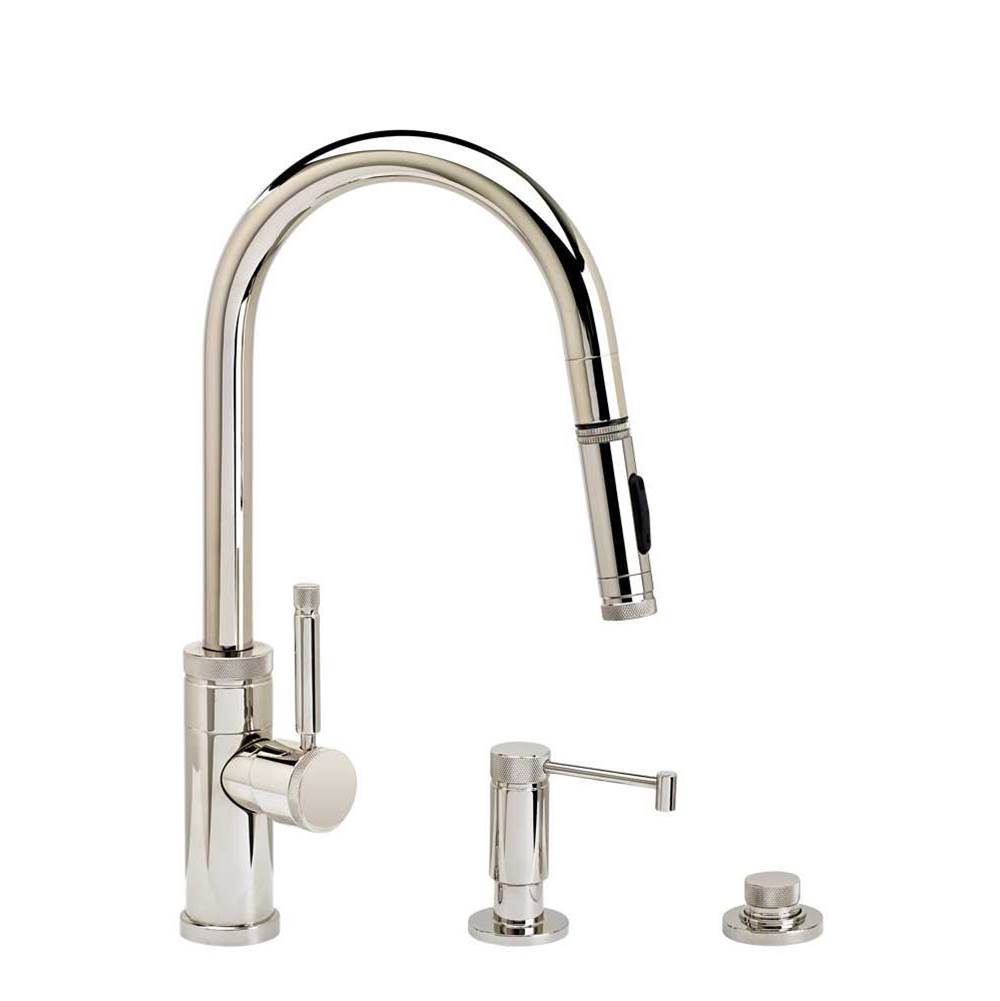 Waterstone - Waterstone Industrial Prep Size PLP Pulldown Faucet - Toggle Sprayer - Angled Spout - 3pc. Suite - Unlacquered Polished Brass