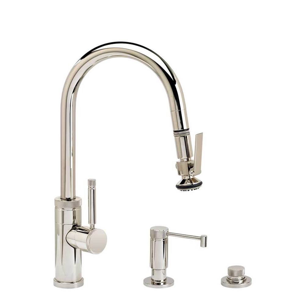 Waterstone - Waterstone Industrial Prep Size PLP Pulldown Faucet - Lever Sprayer - Angled Spout - 3pc. Suite - Unlacquered Polished Brass