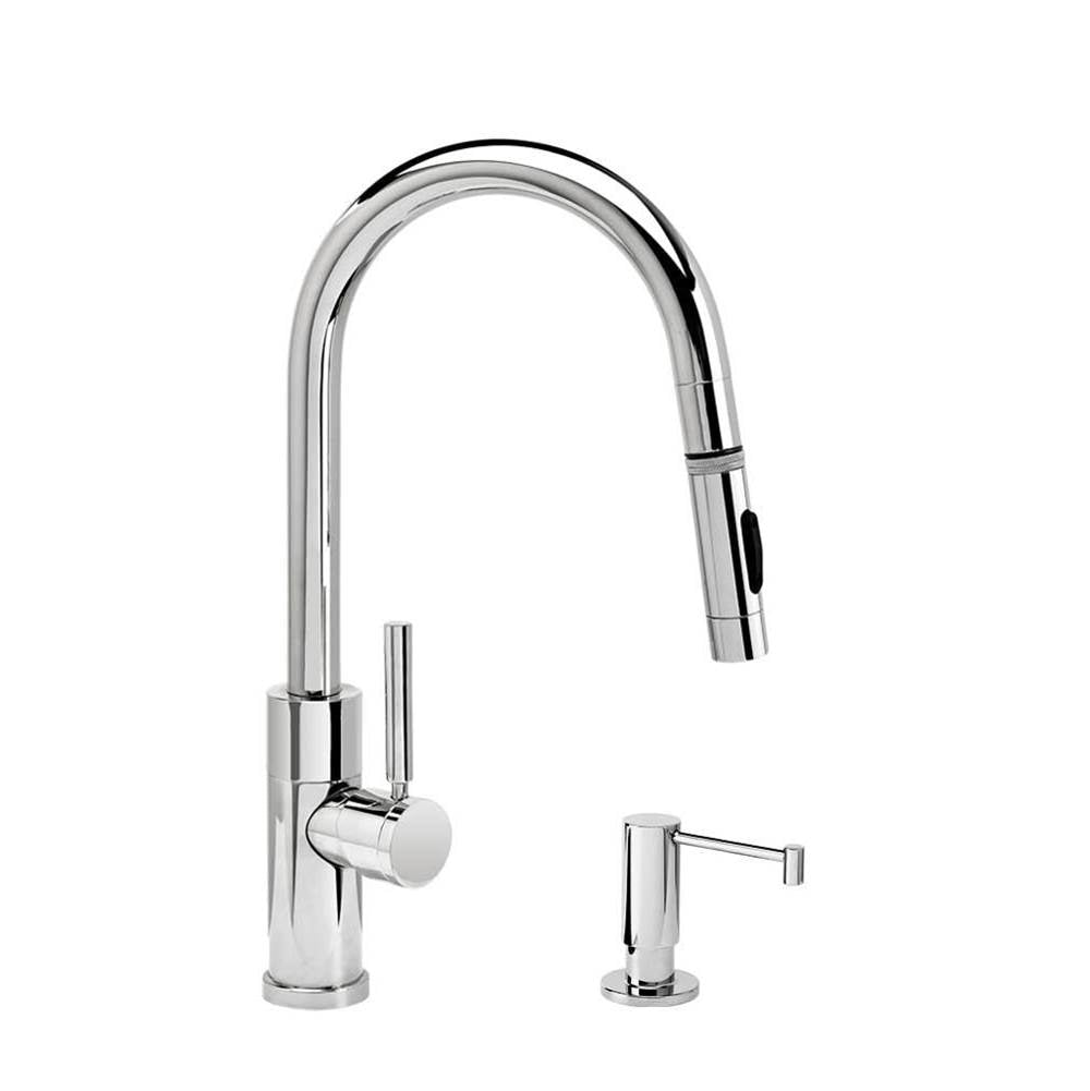 Waterstone - Waterstone Modern Prep Size PLP Pulldown Faucet - Toggle Sprayer - Angled Spout - 2pc. Suite - Unlacquered Polished Brass