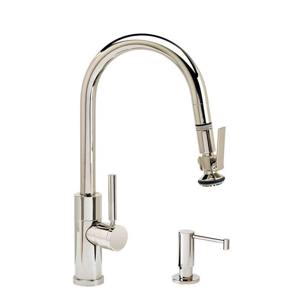 Waterstone - Waterstone Modern Prep Size PLP Pulldown Faucet - Lever Sprayer - Angled Spout - 2pc. Suite - Unlacquered Polished Brass
