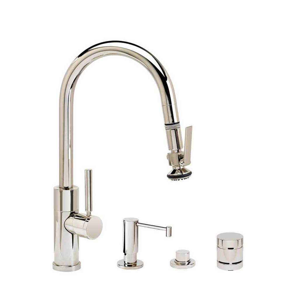 Waterstone - Waterstone Modern Prep Size PLP Pulldown Faucet - Lever Sprayer - Angled Spout - 4pc. Suite - Unlacquered Polished Brass