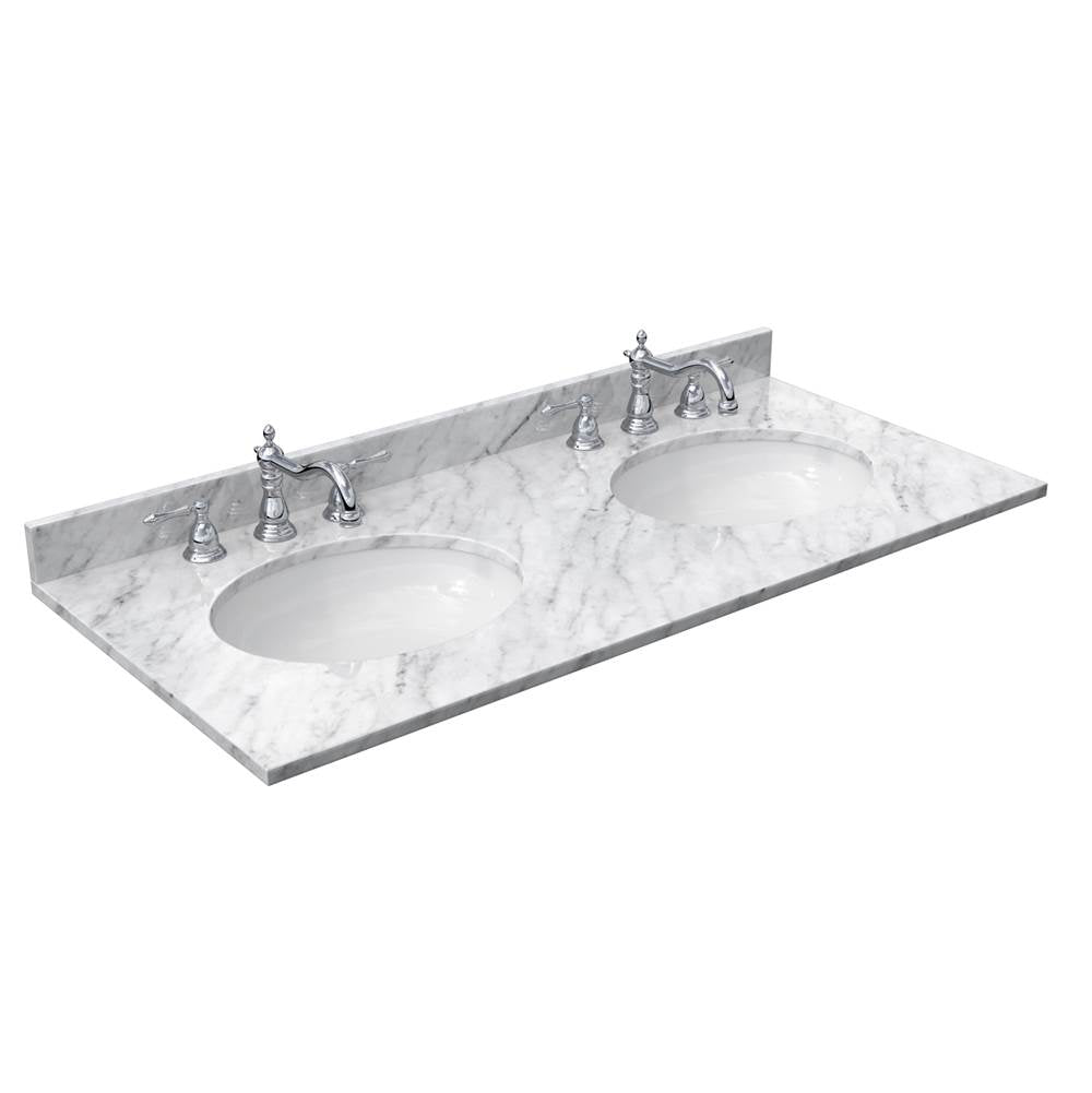 Avery 48 Inch Double Bathroom Vanity in White, White Carrara Marble Countertop, Undermount Oval Sinks, 46 Inch Mirror