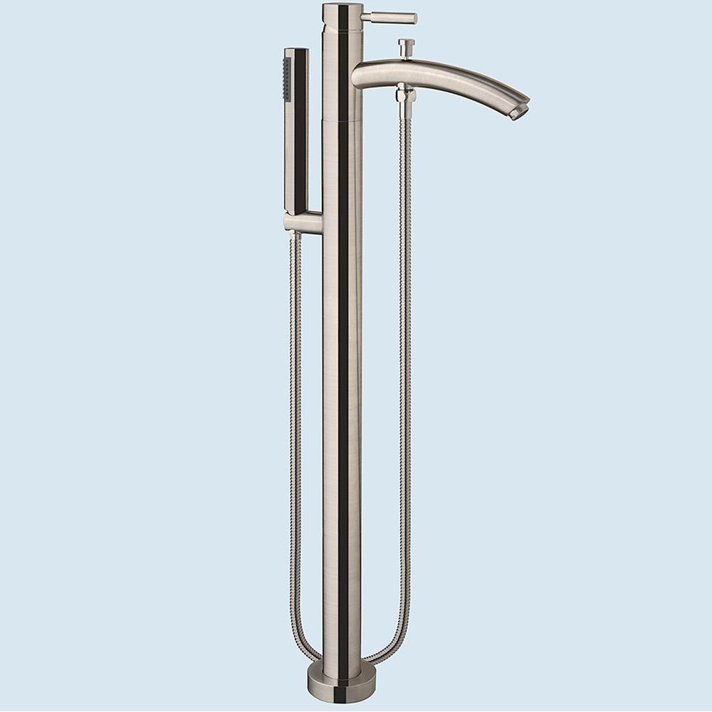 Juliette 67 Inch Freestanding Bathtub in White with Floor Mounted Faucet, Drain and Overflow Trim in Brushed Nickel