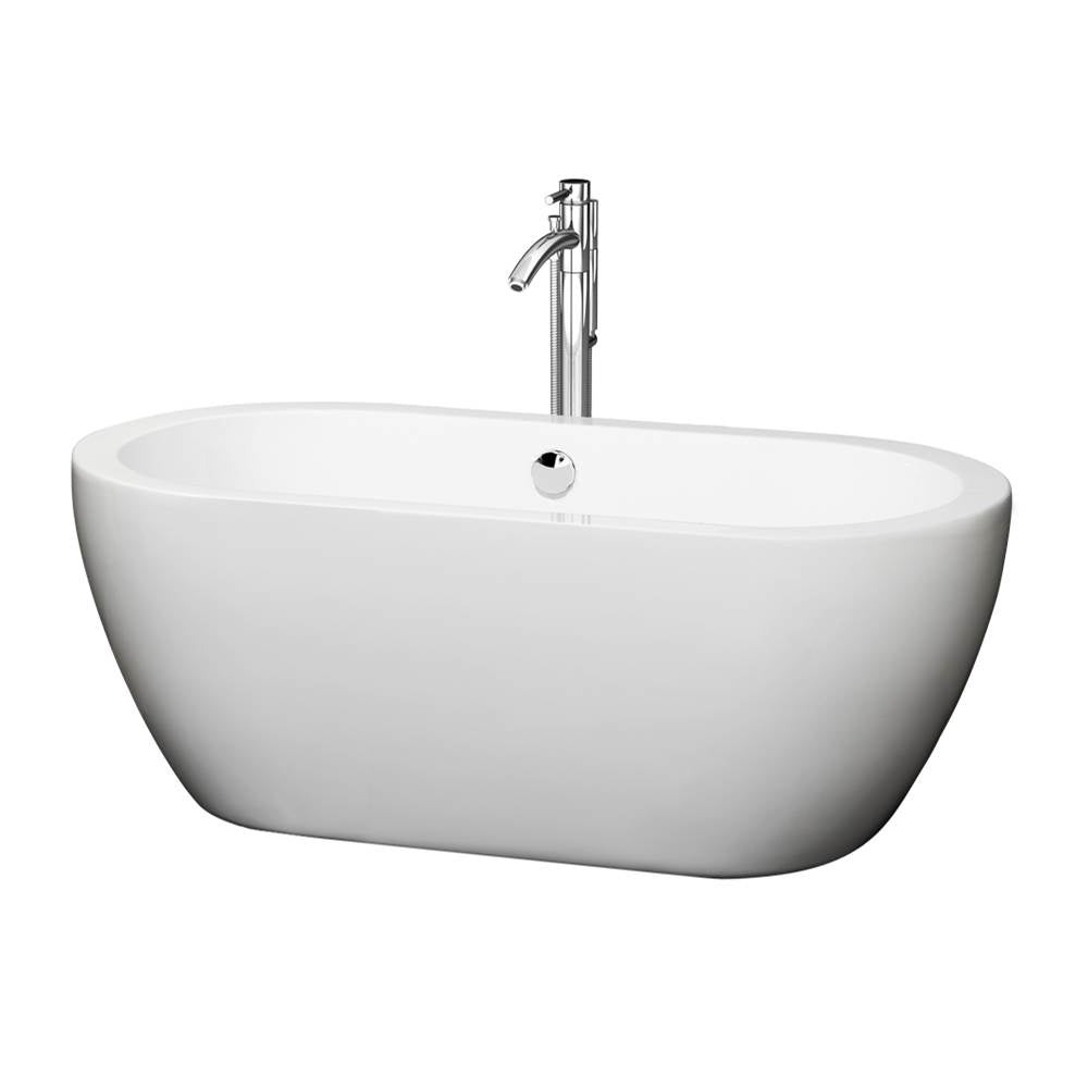 Wyndham Collection - Soho 60 Inch Freestanding Bathtub in White with Floor Mounted Faucet, Drain and Overflow Trim in Polished Chrome - White With Polished Chrome