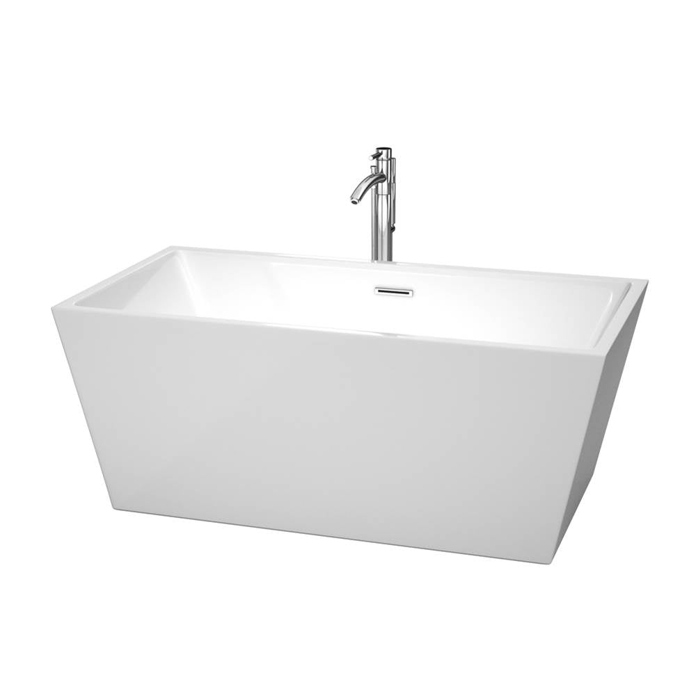 Wyndham Collection - Sara 59 Inch Freestanding Bathtub in White with Floor Mounted Faucet, Drain and Overflow Trim in Polished Chrome - White With Polished Chrome