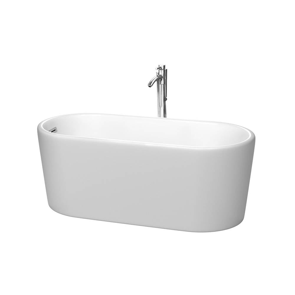 Wyndham Collection - Ursula 59 Inch Freestanding Bathtub in Matte White with Floor Mounted Faucet, Drain and Overflow Trim in Polished Chrome