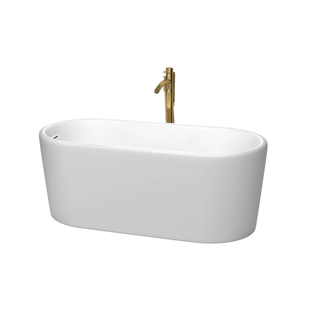 Wyndham Collection - Ursula 59 Inch Freestanding Bathtub in Matte White with Shiny White Trim and Floor Mounted Faucet in Brushed Gold