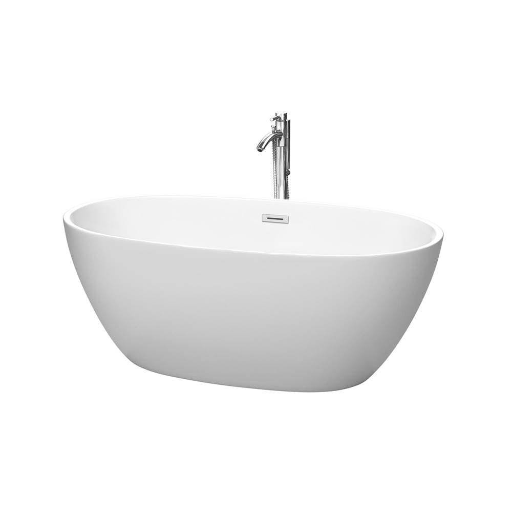 Wyndham Collection - Juno 59 Inch Freestanding Bathtub in Matte White with Floor Mounted Faucet, Drain and Overflow Trim in Polished Chrome