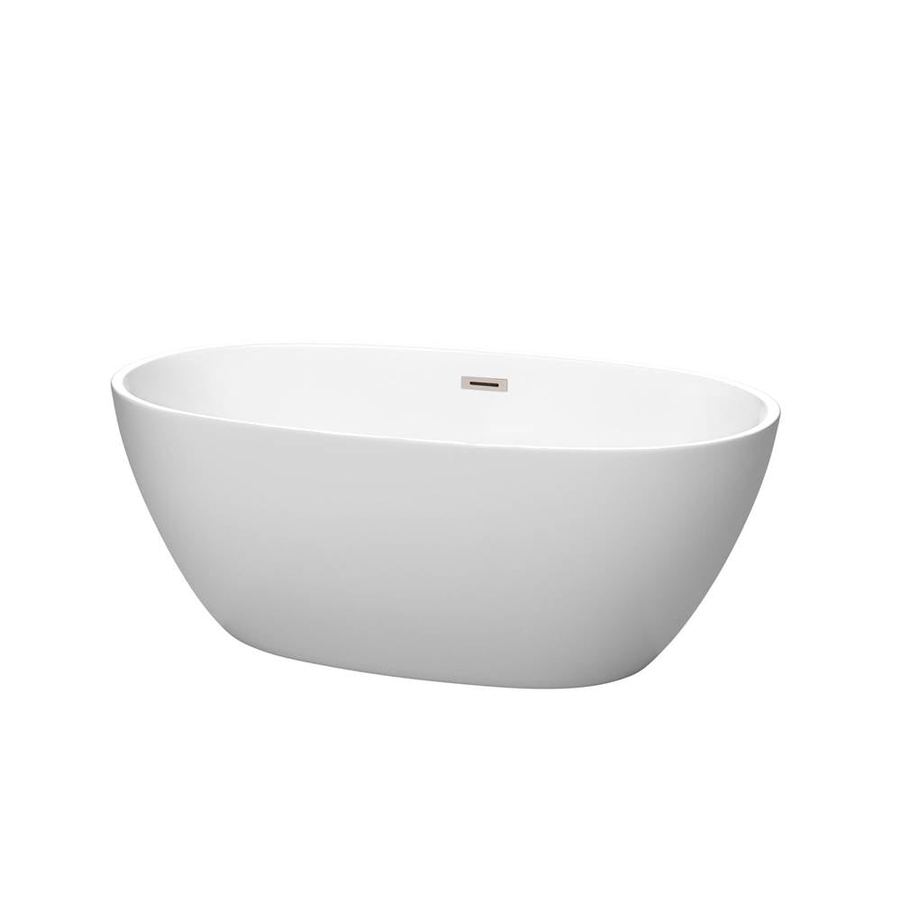 Wyndham Collection - Juno 59 Inch Freestanding Bathtub in Matte White with Brushed Nickel Drain and Overflow Trim