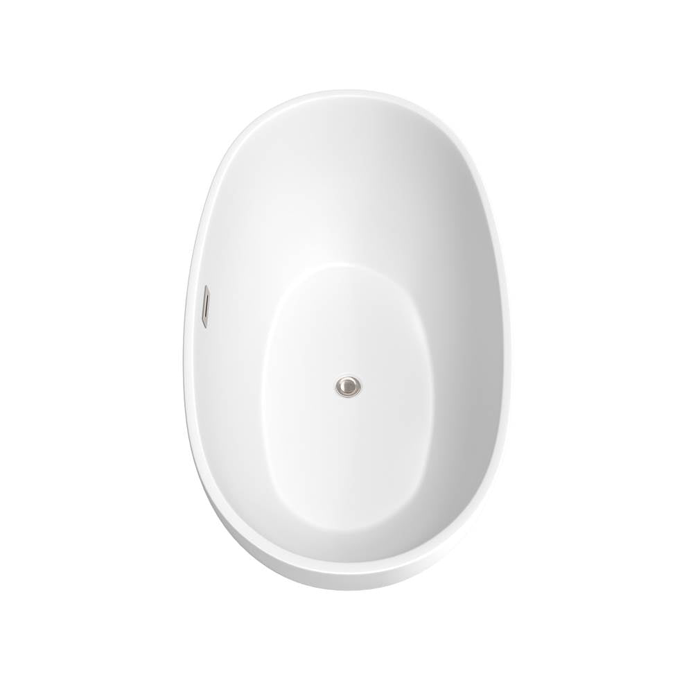 Juno 59 Inch Freestanding Bathtub in Matte White with Floor Mounted Faucet, Drain and Overflow Trim in Brushed Nickel