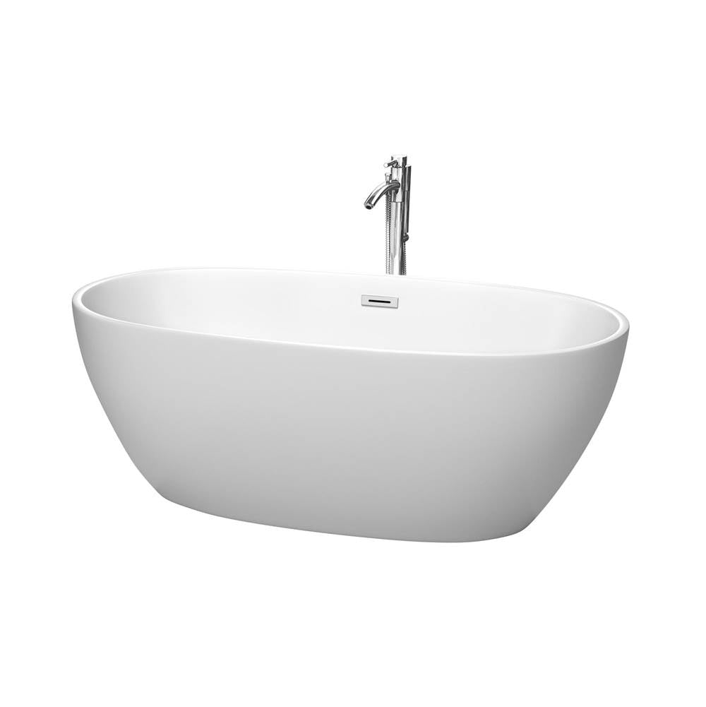 Wyndham Collection - Juno 63 Inch Freestanding Bathtub in Matte White with Floor Mounted Faucet, Drain and Overflow Trim in Polished Chrome