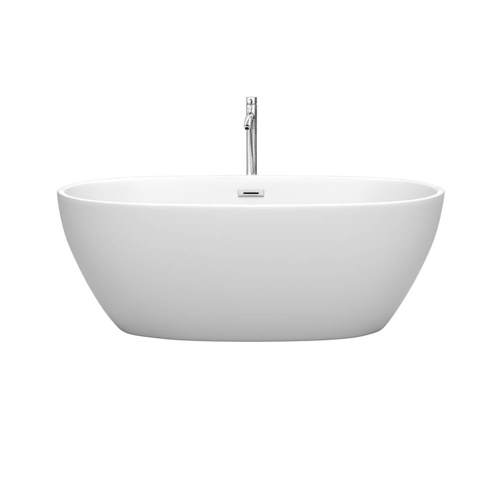 Juno 63 Inch Freestanding Bathtub in Matte White with Floor Mounted Faucet, Drain and Overflow Trim in Polished Chrome