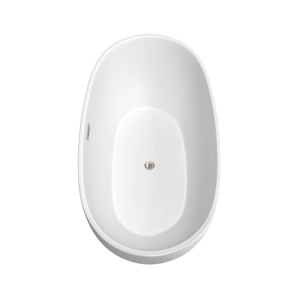 Juno 63 Inch Freestanding Bathtub in Matte White with Floor Mounted Faucet, Drain and Overflow Trim in Brushed Nickel