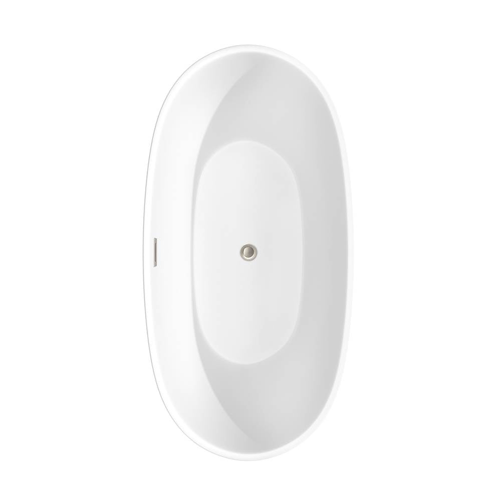 Juno 63 Inch Freestanding Bathtub in Matte White with Floor Mounted Faucet, Drain and Overflow Trim in Brushed Nickel