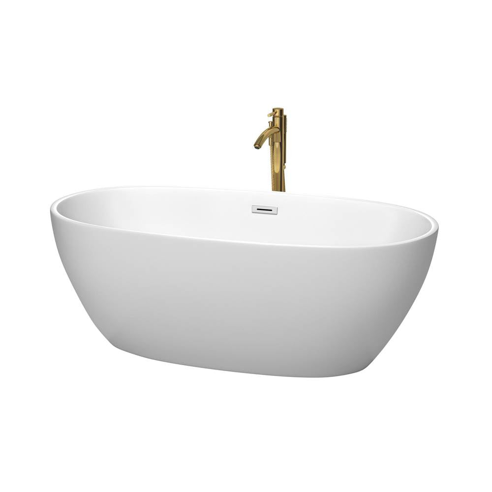 Wyndham Collection - Juno 63 Inch Freestanding Bathtub in Matte White with Polished Chrome Trim and Floor Mounted Faucet in Brushed Gold
