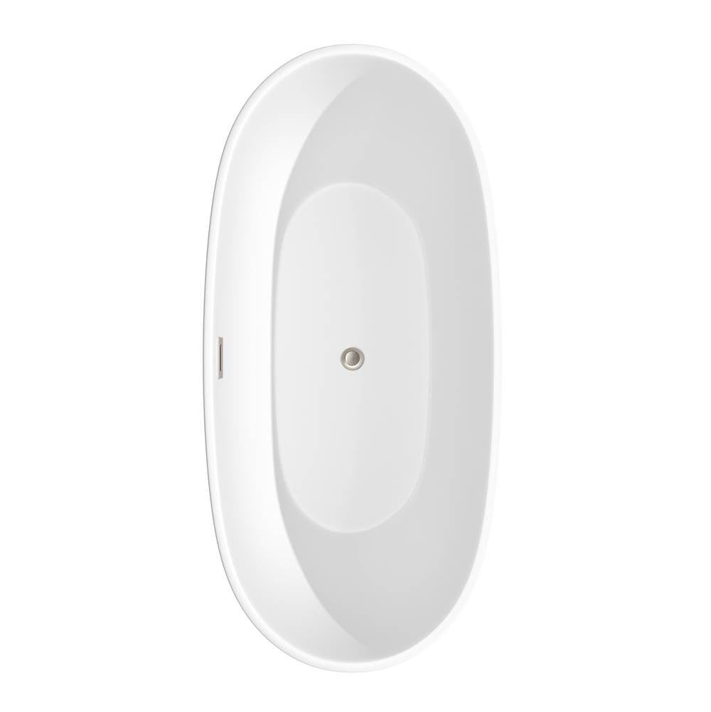 Juno 67 Inch Freestanding Bathtub in Matte White with Floor Mounted Faucet, Drain and Overflow Trim in Brushed Nickel