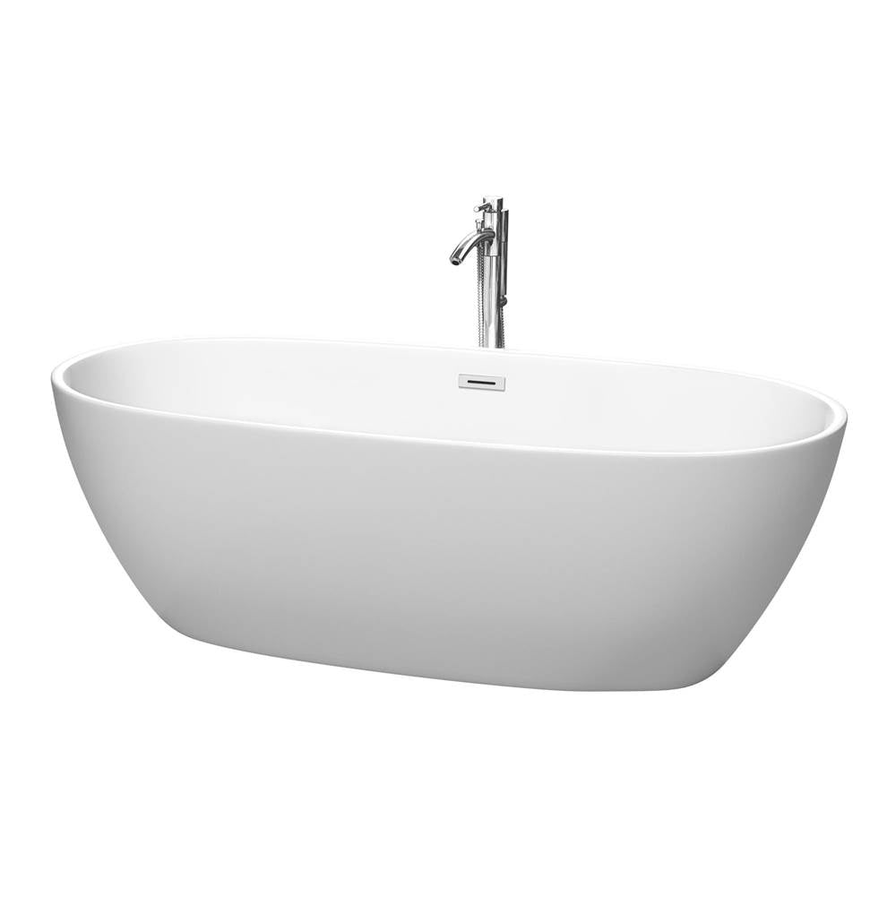 Wyndham Collection - Juno 71 Inch Freestanding Bathtub in Matte White with Floor Mounted Faucet, Drain and Overflow Trim in Polished Chrome