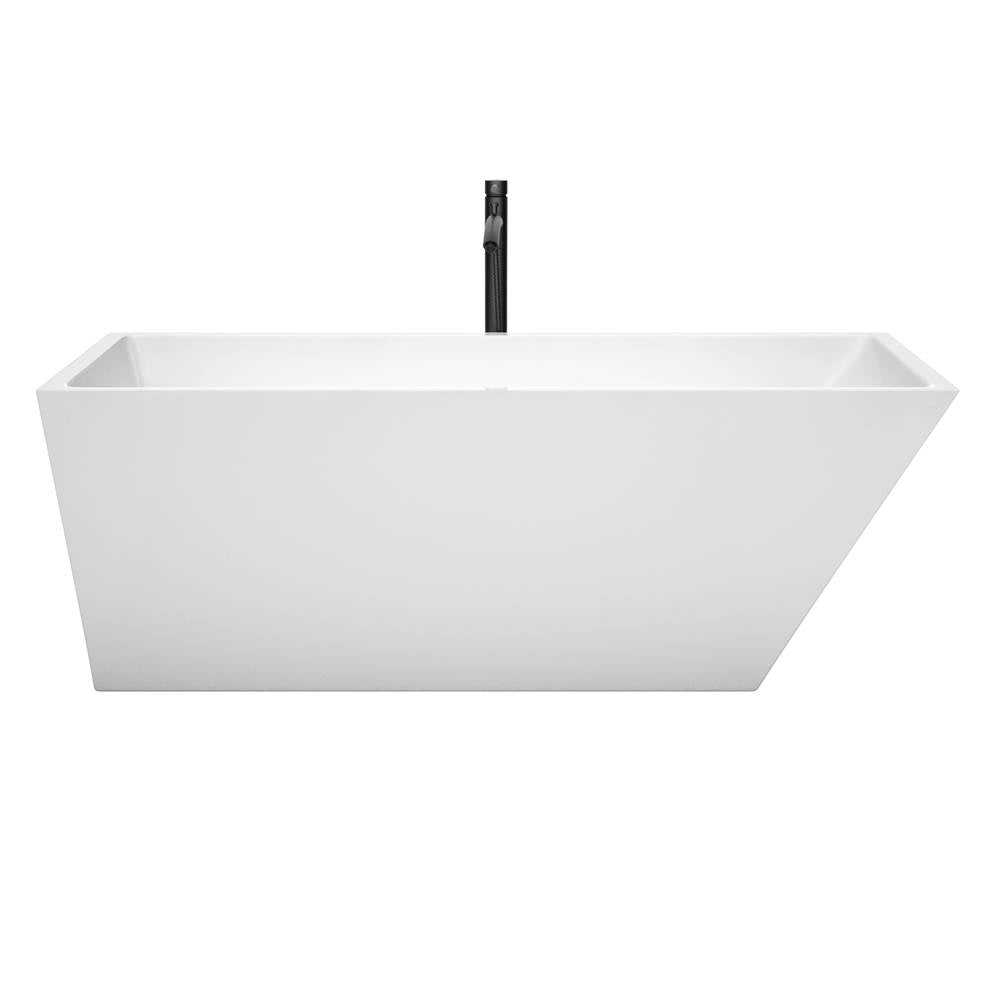 Hannah 67 Inch Freestanding Bathtub in White with Floor Mounted Faucet, Drain and Overflow Trim in Matte Black