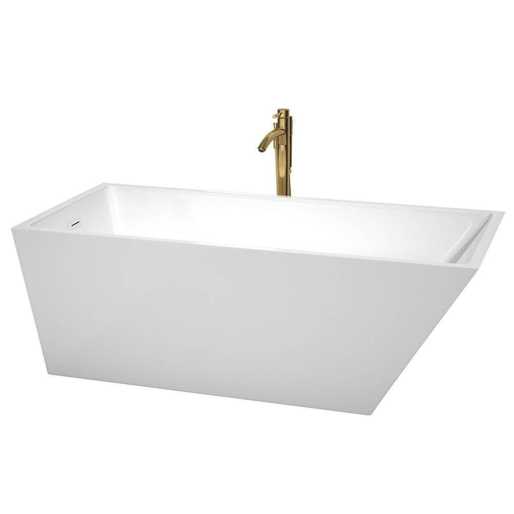 Wyndham Collection - Hannah 67 Inch Freestanding Bathtub in White with Shiny White Trim and Floor Mounted Faucet in Brushed Gold