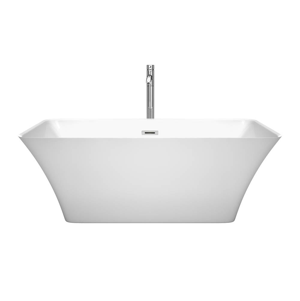 Tiffany 59 Inch Freestanding Bathtub in White with Floor Mounted Faucet, Drain and Overflow Trim in Brushed Nickel