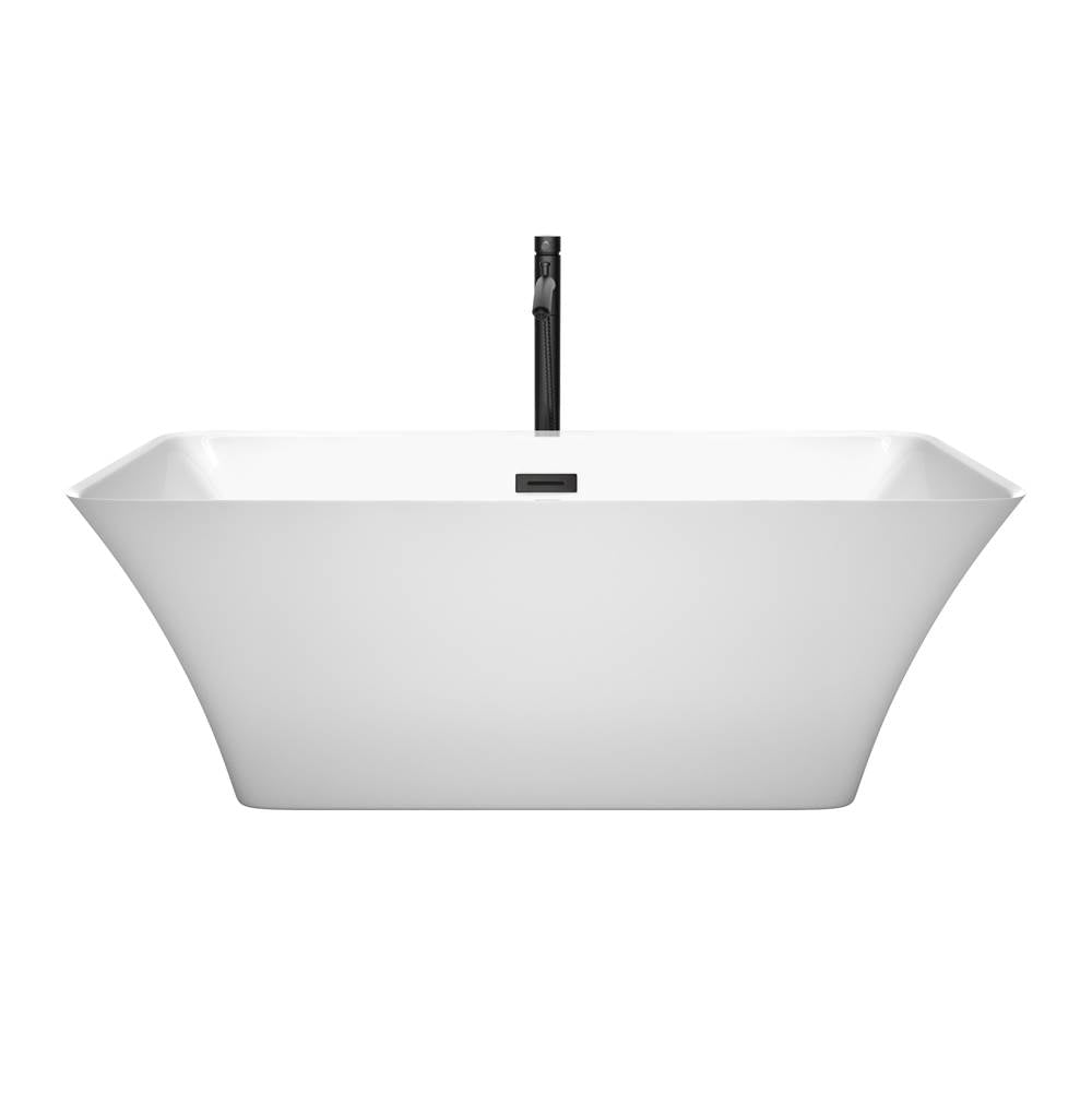 Tiffany 59 Inch Freestanding Bathtub in White with Floor Mounted Faucet, Drain and Overflow Trim in Matte Black