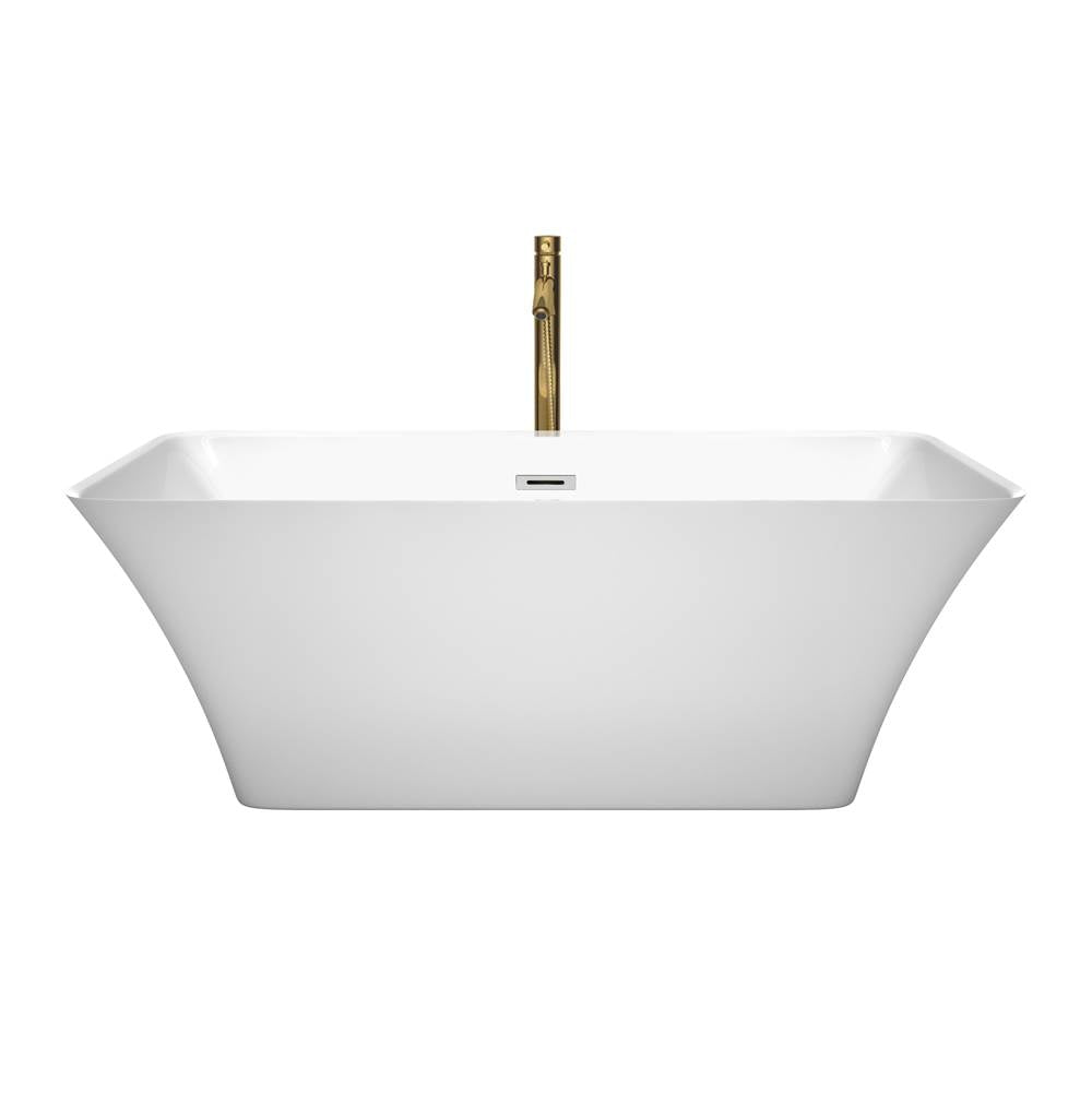 Tiffany 59 Inch Freestanding Bathtub in White with Polished Chrome Trim and Floor Mounted Faucet in Brushed Gold