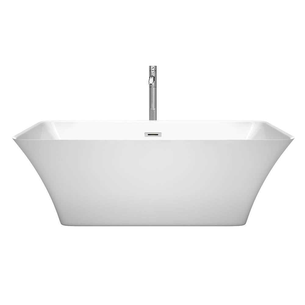 Tiffany 67 Inch Freestanding Bathtub in White with Floor Mounted Faucet, Drain and Overflow Trim in Brushed Nickel
