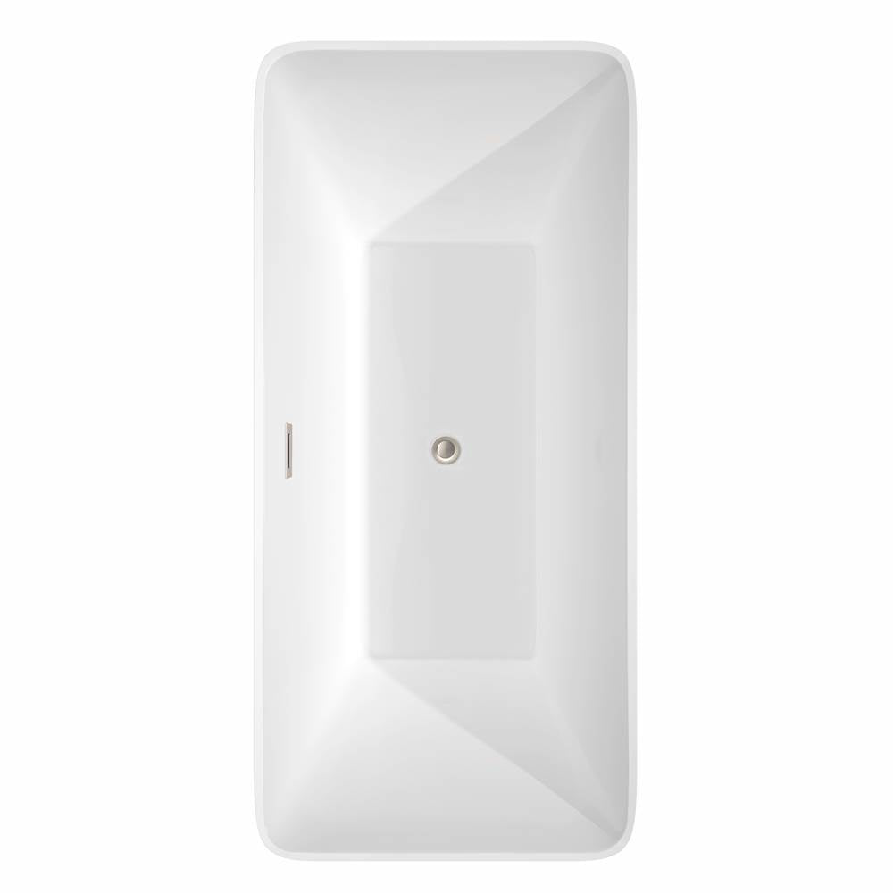 Tiffany 67 Inch Freestanding Bathtub in White with Floor Mounted Faucet, Drain and Overflow Trim in Brushed Nickel