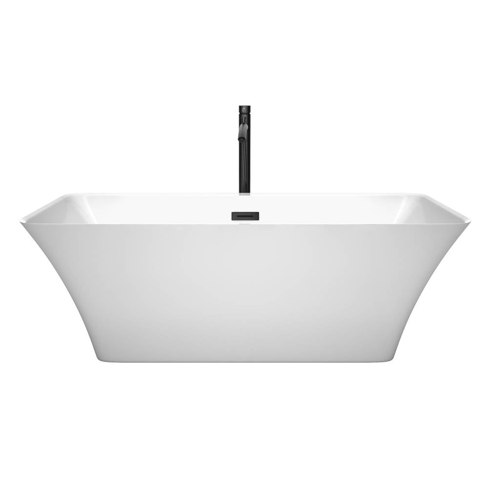 Tiffany 67 Inch Freestanding Bathtub in White with Floor Mounted Faucet, Drain and Overflow Trim in Matte Black