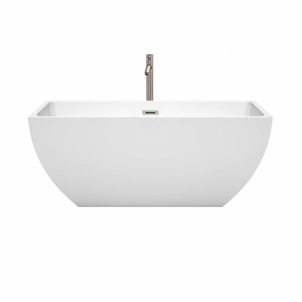 Rachel 59 Inch Freestanding Bathtub in White with Floor Mounted Faucet, Drain and Overflow Trim in Brushed Nickel