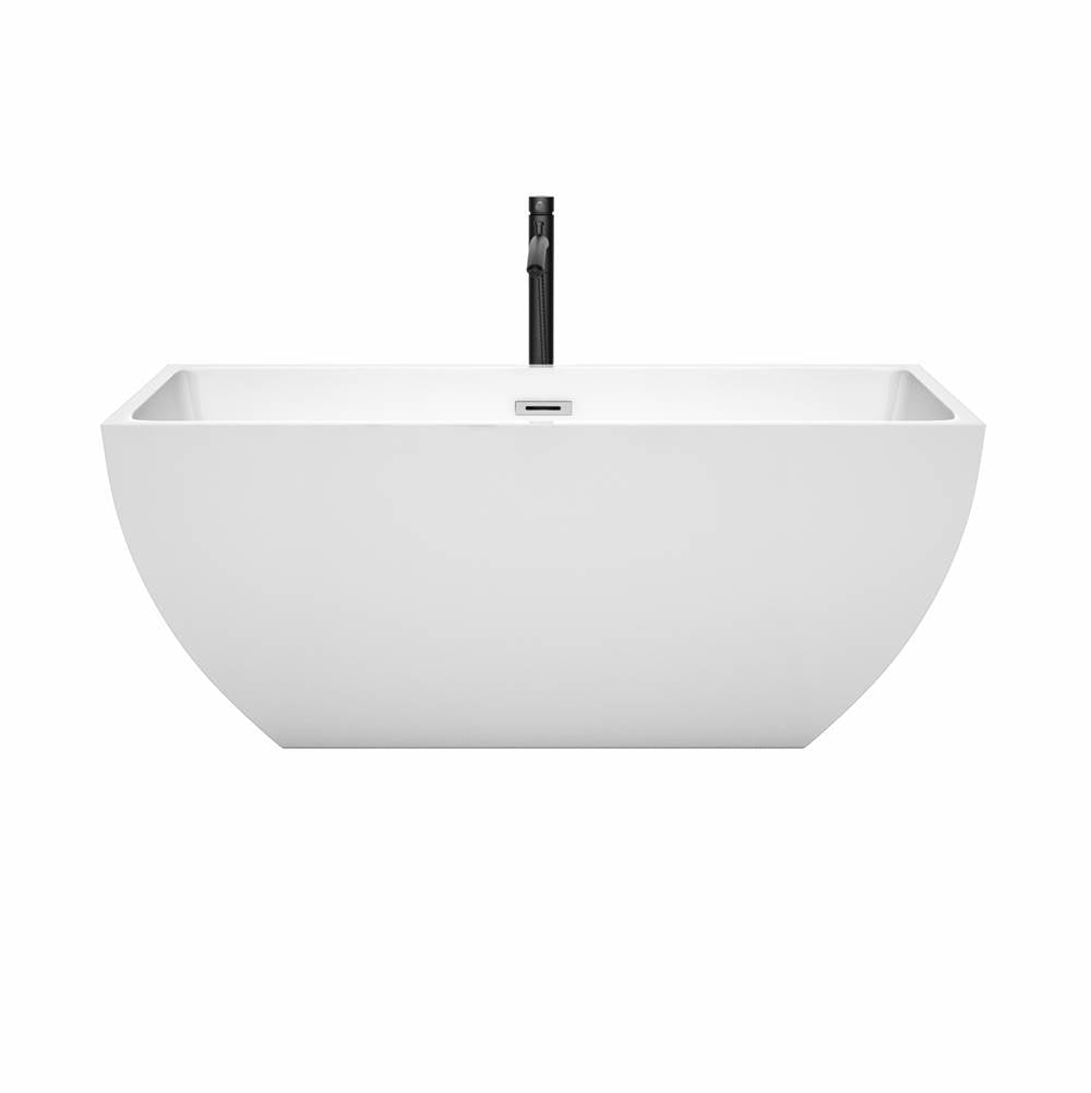 Rachel 59 Inch Freestanding Bathtub in White with Polished Chrome Trim and Floor Mounted Faucet in Matte Black