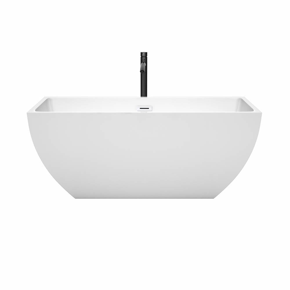 Rachel 59 Inch Freestanding Bathtub in White with Shiny White Trim and Floor Mounted Faucet in Matte Black