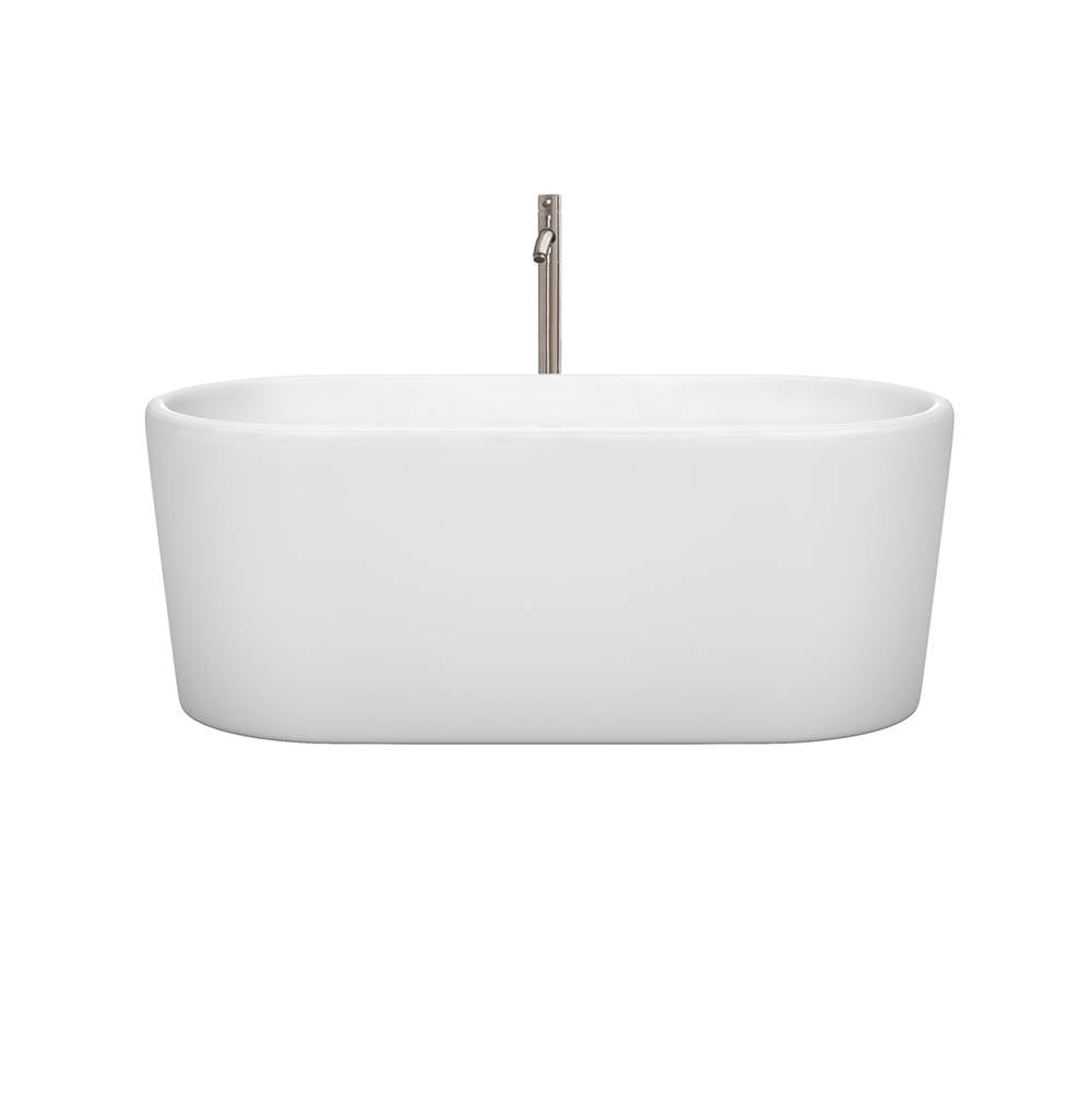 Ursula 59 Inch Freestanding Bathtub in White with Floor Mounted Faucet, Drain and Overflow Trim in Brushed Nickel