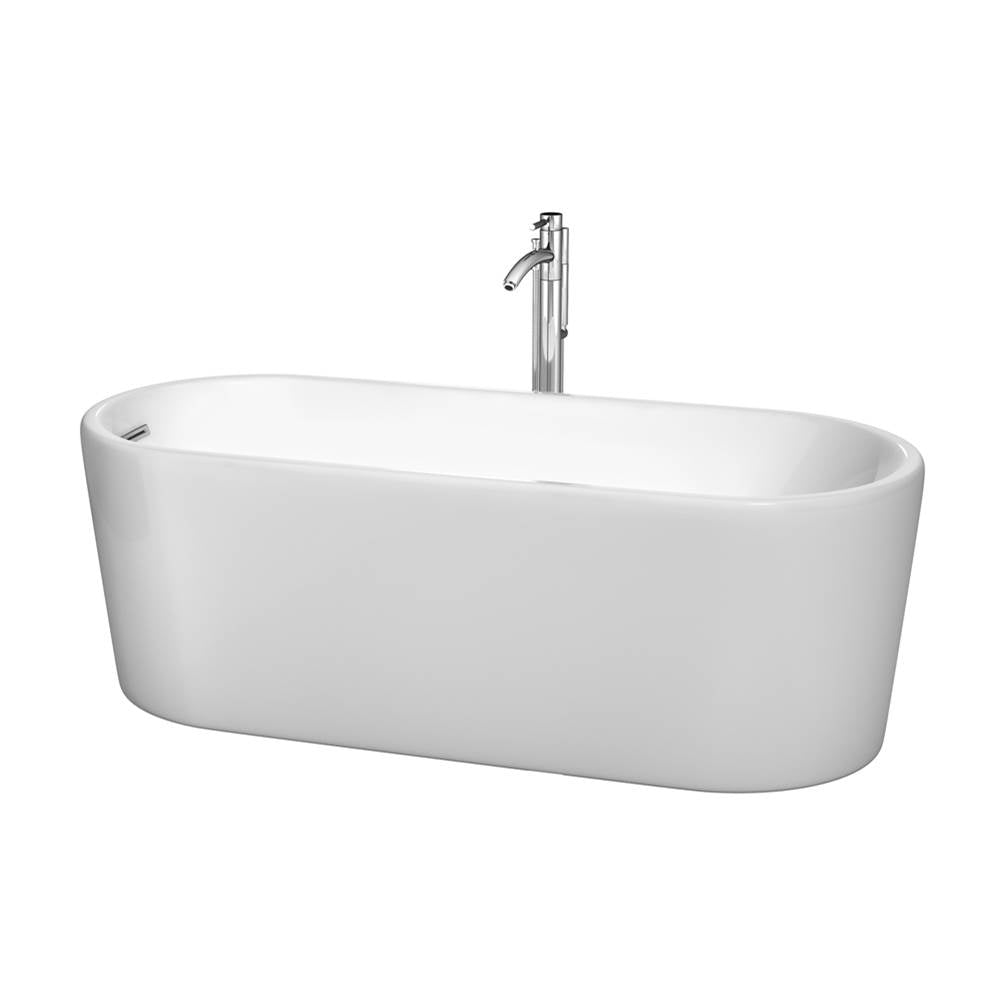 Wyndham Collection - Ursula 67 Inch Freestanding Bathtub in White with Floor Mounted Faucet, Drain and Overflow Trim in Polished Chrome - White With Polished Chrome