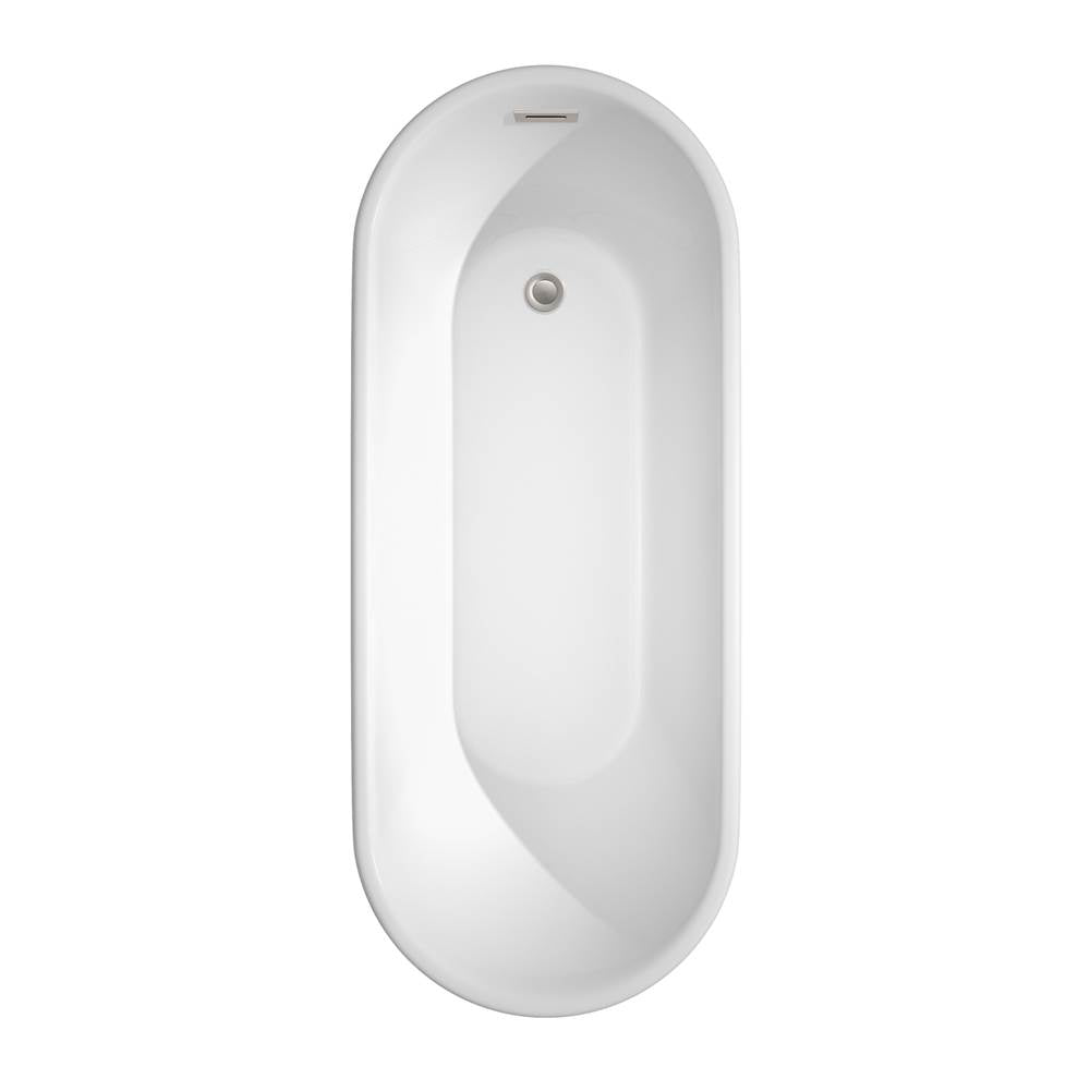 Ursula 67 Inch Freestanding Bathtub in White with Floor Mounted Faucet, Drain and Overflow Trim in Brushed Nickel