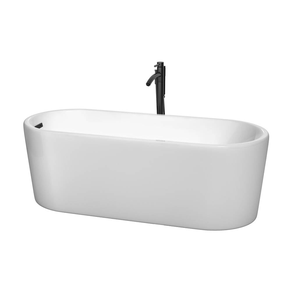 Wyndham Collection - Ursula 67 Inch Freestanding Bathtub in White with Floor Mounted Faucet, Drain and Overflow Trim in Matte Black