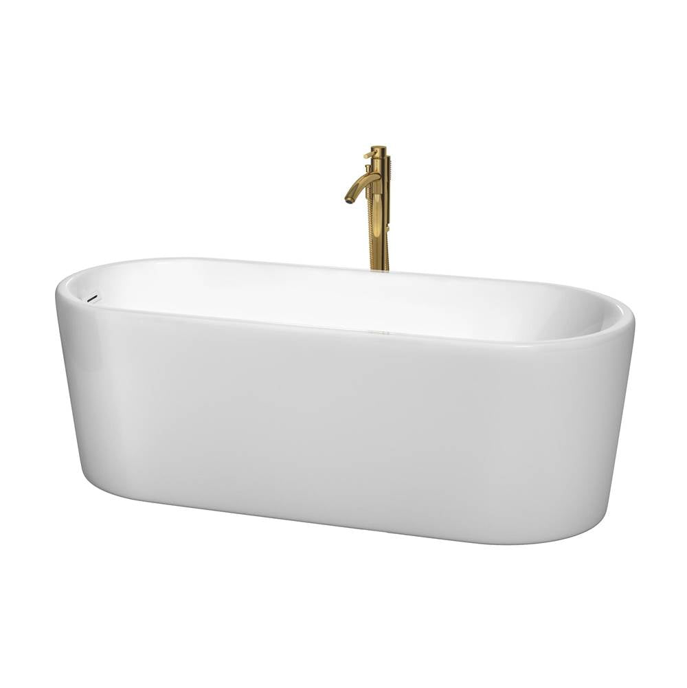 Wyndham Collection - Ursula 67 Inch Freestanding Bathtub in White with Shiny White Trim and Floor Mounted Faucet in Brushed Gold