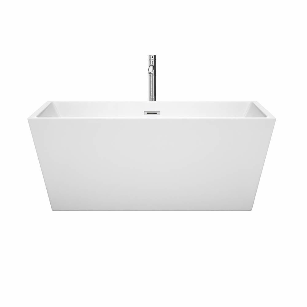 Sara 59 Inch Freestanding Bathtub in White with Floor Mounted Faucet, Drain and Overflow Trim in Brushed Nickel
