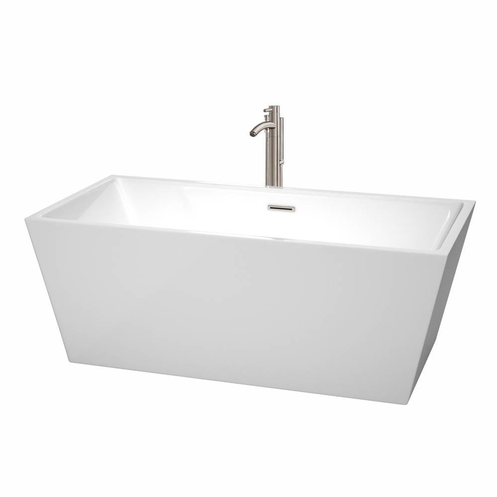 Wyndham Collection - Sara 63 Inch Freestanding Bathtub in White with Floor Mounted Faucet, Drain and Overflow Trim in Brushed Nickel - White With Brushed Nickel