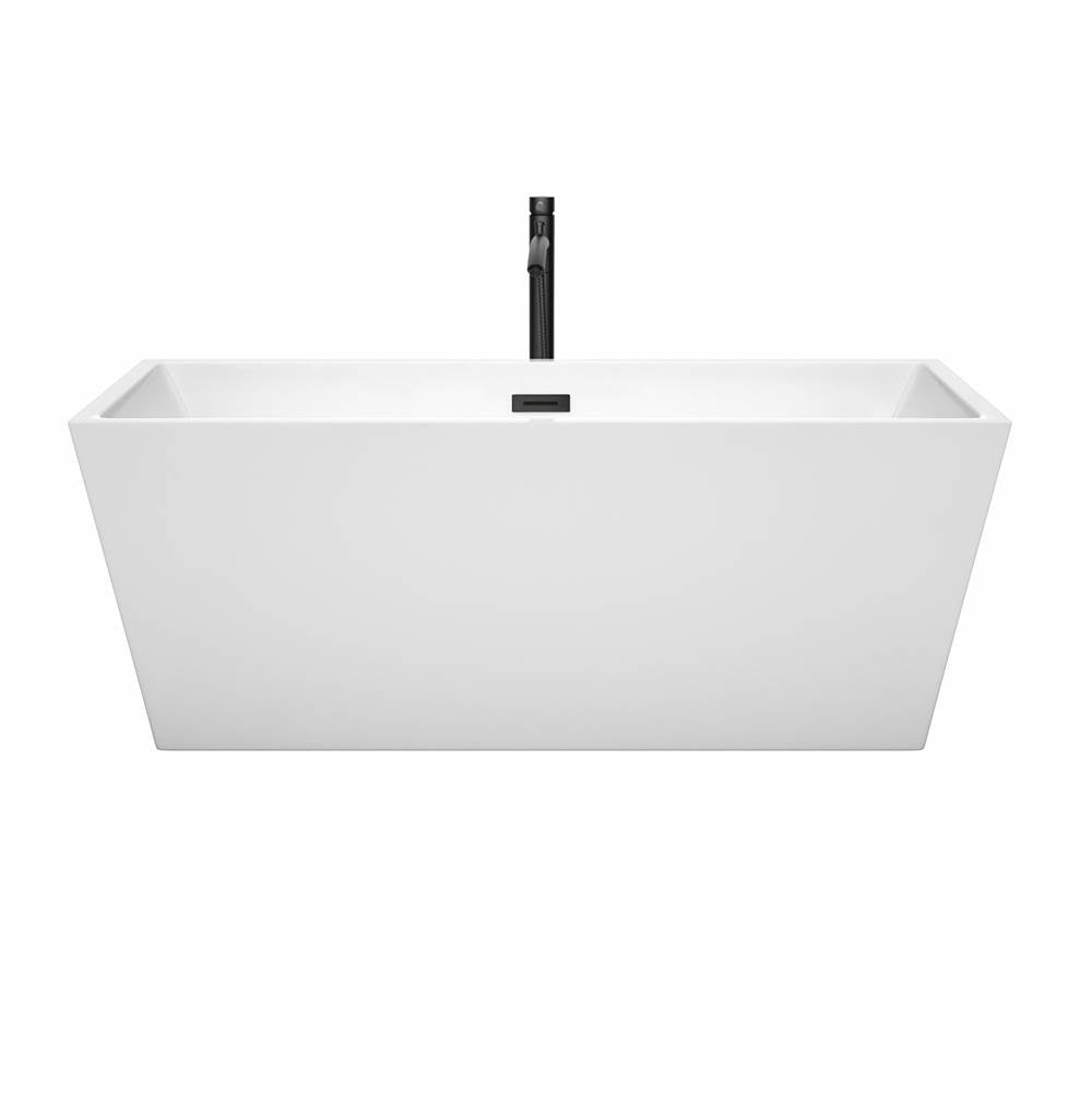 Sara 63 Inch Freestanding Bathtub in White with Floor Mounted Faucet, Drain and Overflow Trim in Matte Black