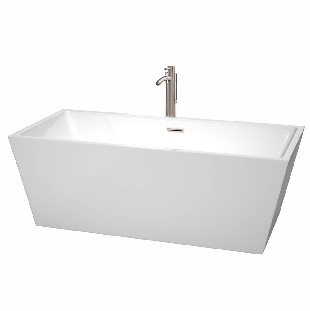 Wyndham Collection - Sara 67 Inch Freestanding Bathtub in White with Floor Mounted Faucet, Drain and Overflow Trim in Brushed Nickel - White With Brushed Nickel