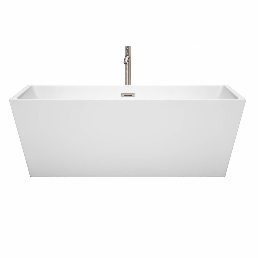 Sara 67 Inch Freestanding Bathtub in White with Floor Mounted Faucet, Drain and Overflow Trim in Brushed Nickel