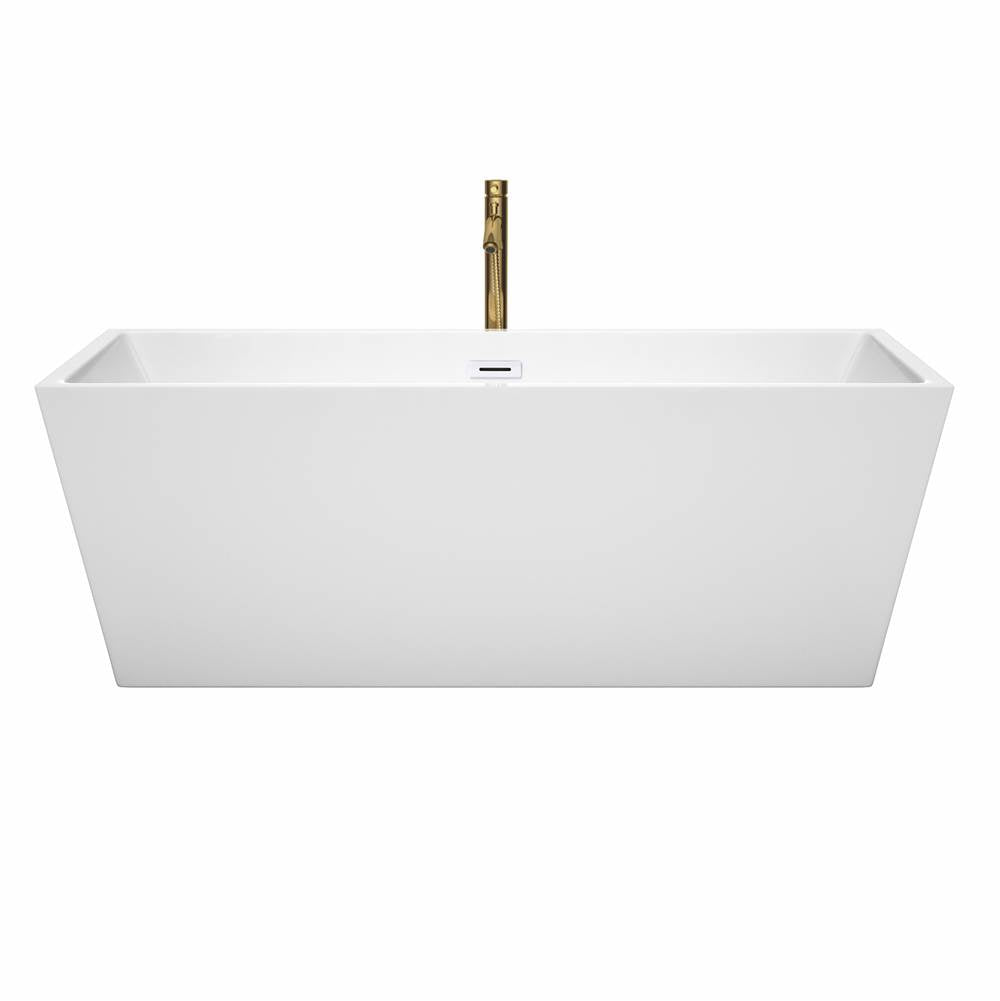 Sara 67 Inch Freestanding Bathtub in White with Shiny White Trim and Floor Mounted Faucet in Brushed Gold