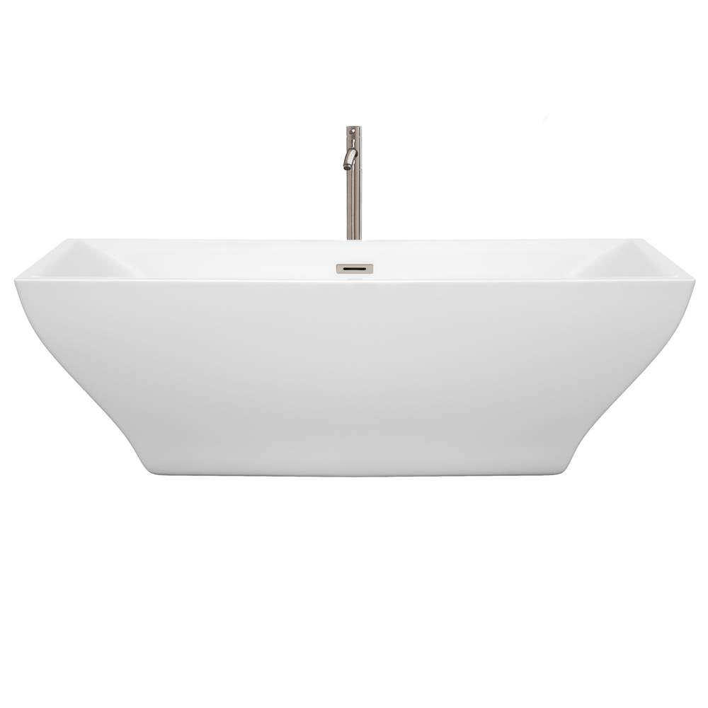 Maryam 71 Inch Freestanding Bathtub in White with Floor Mounted Faucet, Drain and Overflow Trim in Brushed Nickel