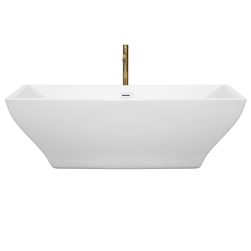 Maryam 71 Inch Freestanding Bathtub in White with Shiny White Trim and Floor Mounted Faucet in Brushed Gold
