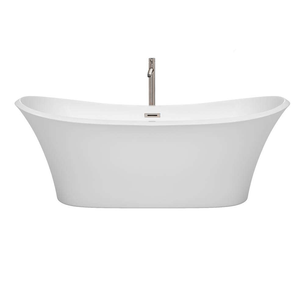 Bolera 71 Inch Freestanding Bathtub in White with Floor Mounted Faucet, Drain and Overflow Trim in Brushed Nickel