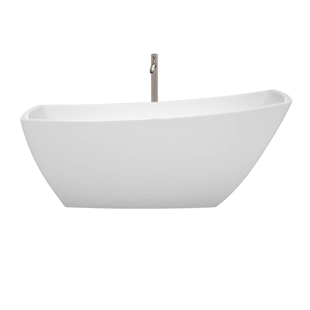Antigua 67 Inch Freestanding Bathtub in White with Floor Mounted Faucet, Drain and Overflow Trim in Brushed Nickel