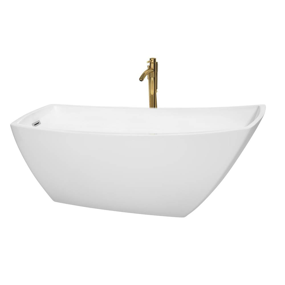 Wyndham Collection - Antigua 67 Inch Freestanding Bathtub in White with Polished Chrome Trim and Floor Mounted Faucet in Brushed Gold